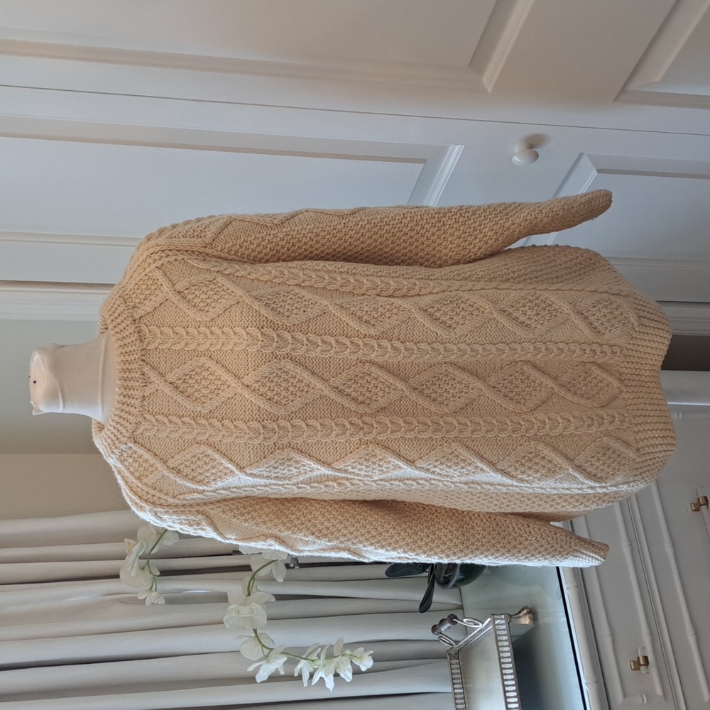Quills Woollen Market Mens 100% Ivory Irish Wool Cable Knit Fisherman Sweater LG